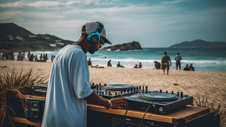 Generative AI, outdoor DJ mixing at a beach party festivalの素材