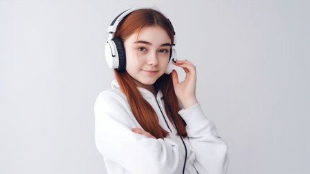 Positively attractive adolescent girl holding a large phone while wearing headphones, white backdrop, Generative AIの素材