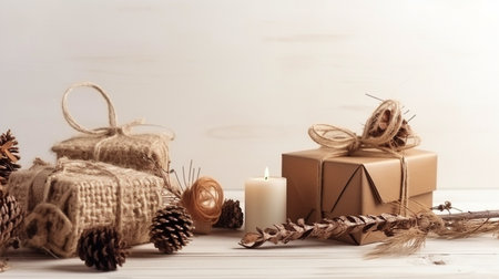 Generative AI, Christmas gift on hardwood background, white copy spaceの素材
