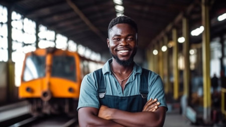 Generative AI portrait of an African-American man working in a locomotive repair shop while grinning broadly.の素材
