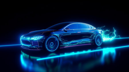 Concept of a blue neon glowing in the dark electric car driving at great speed. Generative AI, rapid evolutionの素材