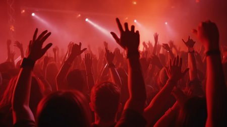 At a music event with red stage lights and Generative AI, a throng with raised arms is cheering and having fun.の素材