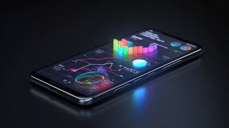 Smartphone with business graph and analytics data application on isometric mobile phone, Generative AIの素材