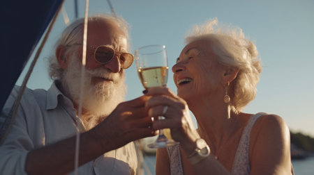 Generative AI shows an elderly couple toasting champagne while sailing.の素材