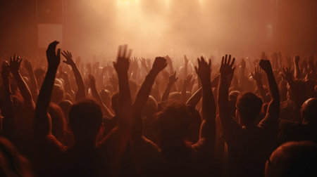 At a music event with red stage lights and Generative AI, a throng with raised arms is cheering and having fun.の素材