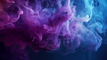The color of smoke. Paint and water combine. Stormy skies are mysterious. Generative AI blue purple shimmering fog cloud wave abstract art background with open spaceの素材