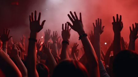 At a music event with red stage lights and Generative AI, a throng with raised arms is cheering and having fun.の素材