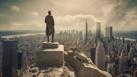 Breaking Dollar Concrete Figure, Generative AI, Determined Banker Man Against Modern Cityscapeの素材