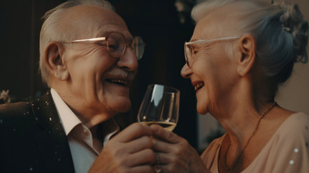 Laughing and enjoying wine or champagne as they celebrate their wedding, a happy elderly couple, The Generative AIの素材