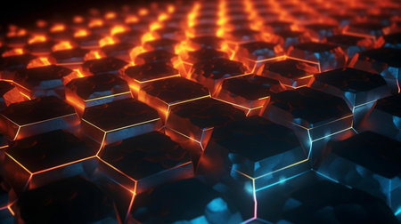 glowing hexagonal cells against a background of concrete. Generative AI with an abstract geometric structureの素材