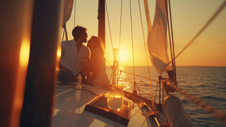 Generative AI of a young couple enjoying champagne on a sailboat at sunsetの素材