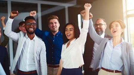 Generative AI helps a group of multiethnic entrepreneurs and businesspeople succeed in the corporate world.の素材