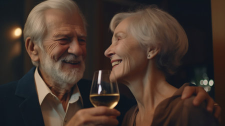 Laughing and enjoying wine or champagne as they celebrate their wedding, a happy elderly couple, The Generative AIの素材
