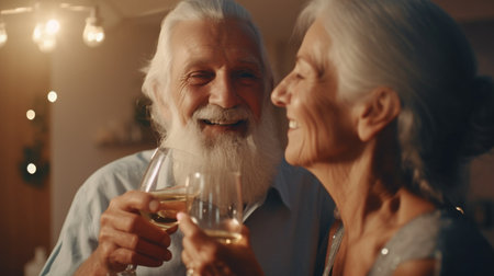 Laughing and enjoying wine or champagne as they celebrate their wedding, a happy elderly couple, The Generative AIの素材