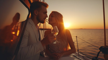 Generative AI of a young couple enjoying champagne on a sailboat at sunsetの素材