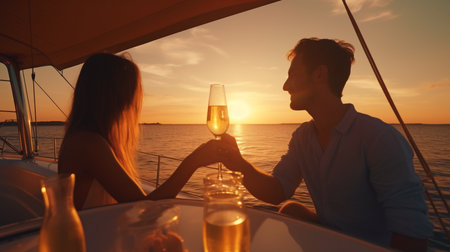 Generative AI of a young couple enjoying champagne on a sailboat at sunsetの素材