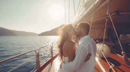 Generative AI of a young couple enjoying champagne on a sailboat at sunsetの素材