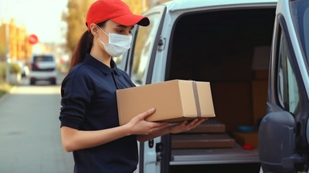Outside, a courier is standing next to a delivery van with a clipboard. Generative AIの素材