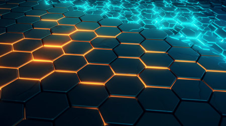 glowing hexagonal cells against a background of concrete. Generative AI with an abstract geometric structureの素材