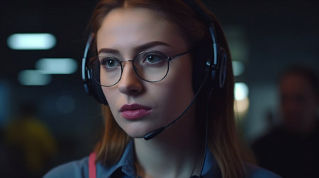 An image of a call center agent with her team. Customer service representative with a smile at work. The Generative AIの素材