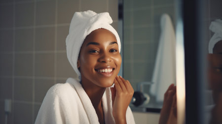 Happy young woman cleaning her face with a cotton pad and looking in the bathroom mirror, Generative AIの素材