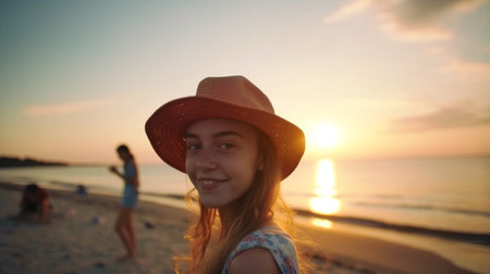 Hipster female adolescent having a good time on the beach at sunrise, Generative AIの素材