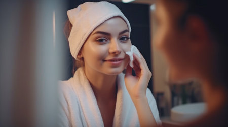 Happy young woman cleaning her face with a cotton pad and looking in the bathroom mirror, Generative AIの素材
