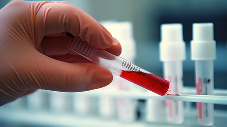 Blood sample in a test tube in a scientist hand, laboratory backgroundの素材