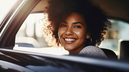 Generative AI, smiling woman leaning out of car windowの素材