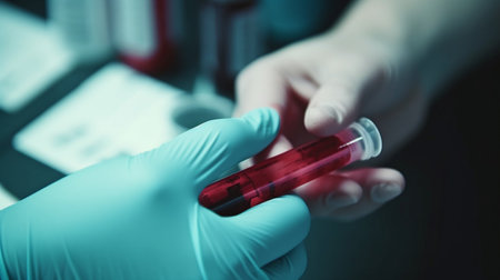 Blood sample in a test tube with a red liquid in a laboratoryの素材