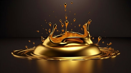 Closeup of a splash of golden greasy liquid with a drop as a background, Generative AIの素材
