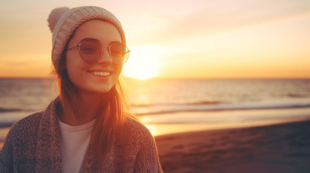 Hipster female adolescent having a good time on the beach at sunrise, Generative AIの素材