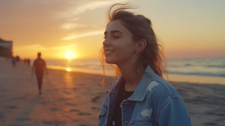 Hipster female adolescent having a good time on the beach at sunrise, Generative AIの素材