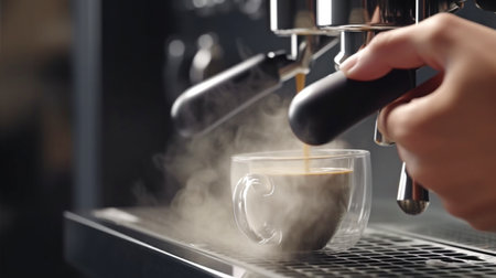 Hand-filling and steaming a coffee machine, Generative AIの素材