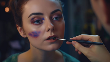 Makeup artist applying make up on a beautiful young woman face.の素材
