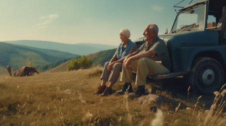 After hiking in the countryside, an elderly couple rests against the automobile using Generative AI.の素材