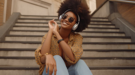 Generative AI shows a happy black woman dancing while listening to music on her phone and headphones while seated on stairs.の素材