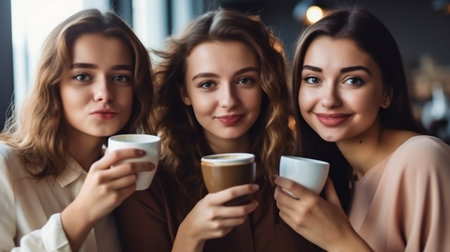 At a coffee cafe, three young women relax with a cup of coffee. Generative AIの素材