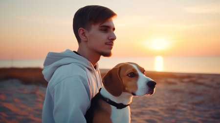 morning canine stroll, Generative AI Portrait of a Young Man Walking His Beagle on the Beach at Sunriseの素材