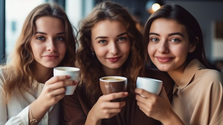 At a coffee cafe, three young women relax with a cup of coffee. Generative AIの素材