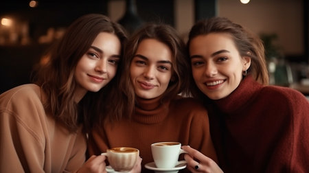 At a coffee cafe, three young women relax with a cup of coffee. Generative AIの素材