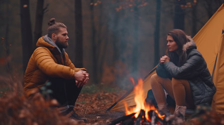 Beautiful young Caucasian couple conversing inside a tent while outside, dressed for exercise, with a bonfire in the backdrop, and Generative AI.の素材