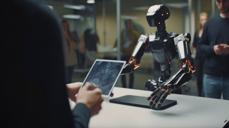 Student using tablet to direct robot hand that moves in various ways during class using generative AIの素材