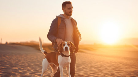 morning canine stroll, Generative AI Portrait of a Young Man Walking His Beagle on the Beach at Sunriseの素材