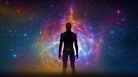 Generative AI's silhouette of a synthetic person with chakras on a space nebulaの素材