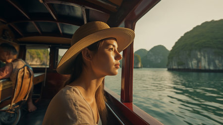 Female passenger on a boat in Asia, Generative AIの素材