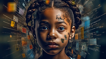 Generative AI creates a creative image magazine collage of a young student with a textbook face learning arithmetic via web netbook academic knowledge courses.の素材