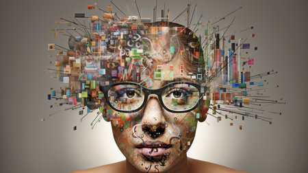 Generative AI creates a creative image magazine collage of a young student with a textbook face learning arithmetic via web netbook academic knowledge courses.の素材