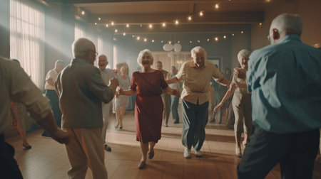 Full-length image of a group of elderly people dancing and enjoying activities inside a retirement home, Generative AIの素材
