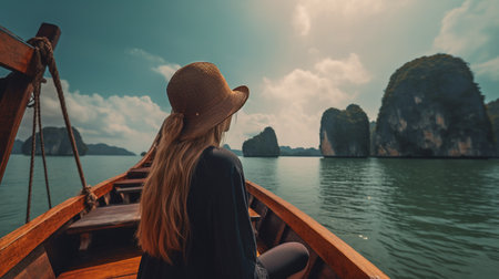 Female passenger on a boat in Asia, Generative AIの素材